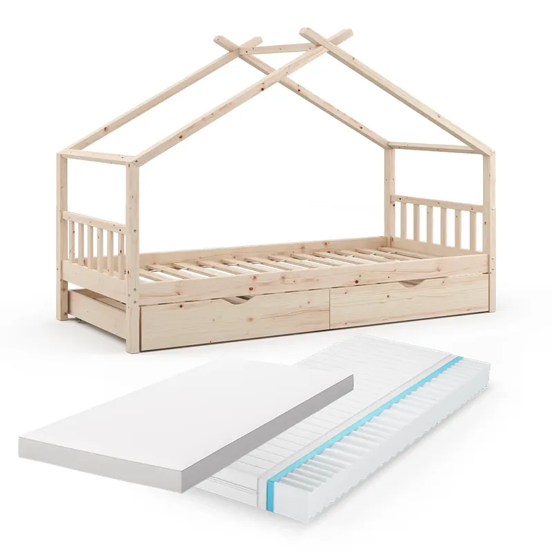 Retur ușor Pat de casă Design Lemn natural 90x200 cm cu pat oaspeti si 2 saltele Vitalispa