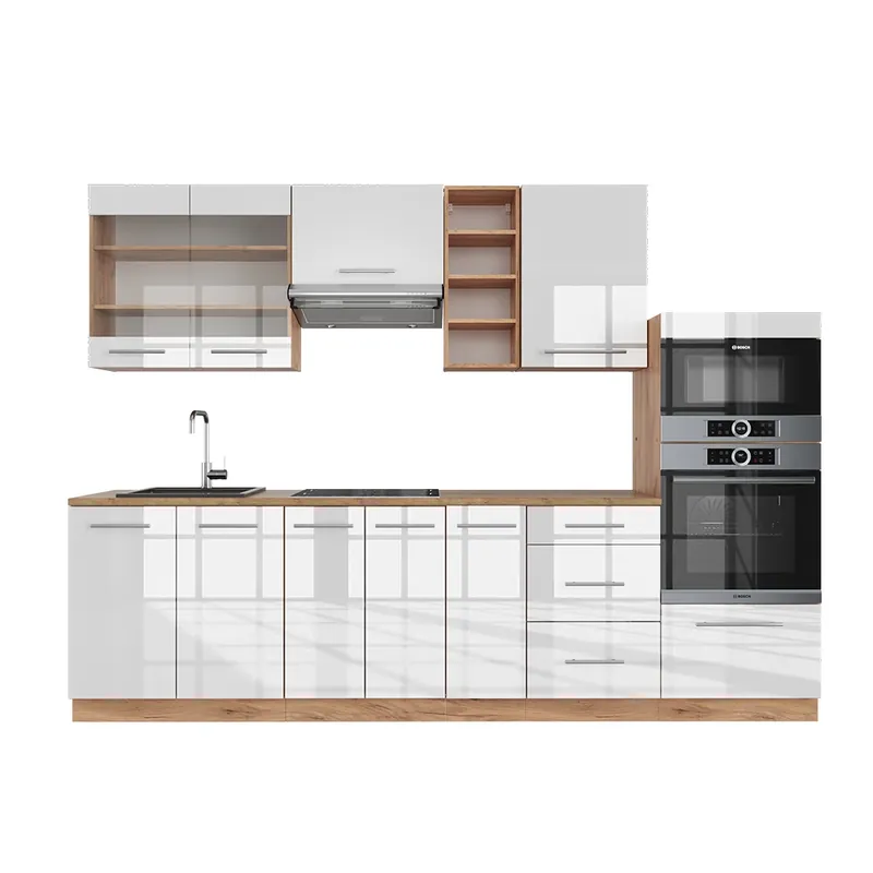 Ofertă specială Kitchenette Fame-Line Alb lucios/stejar Goldkraft 280 cm fara blat Vicco