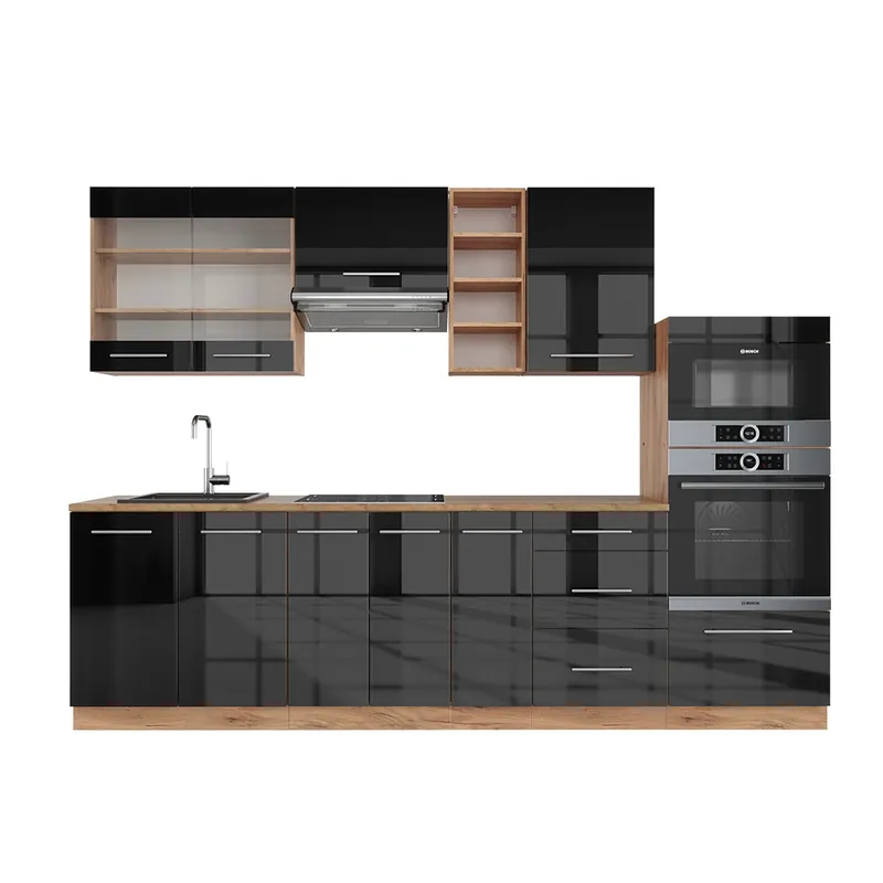 Plată sigură Kitchenette Fame-Line Antracit lucios/stejar Goldkraft 280 cm fara blat Vicco