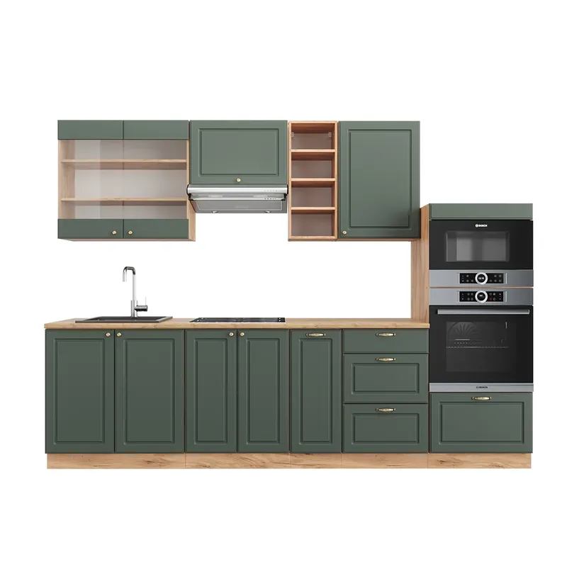 Promoție Kitchenette Fame-Line Casă de țară verde-aurie/stejar Goldkraft 280 cm fara blat Vicco