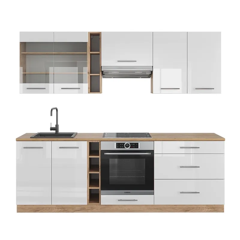 Ofertă specială Kitchenette Fame-Line Alb lucios/stejar Goldkraft 235 cm fara blat Vicco
