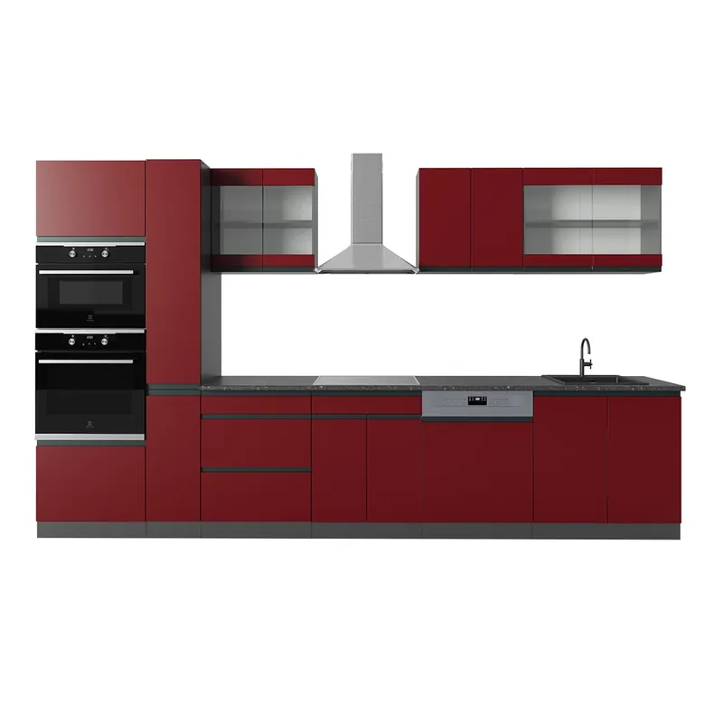 Expediere rapidă Kitchenette R-Line Roșu/antracit 350 cm J-Shape, cu dulap înalt, fără blat Vicco