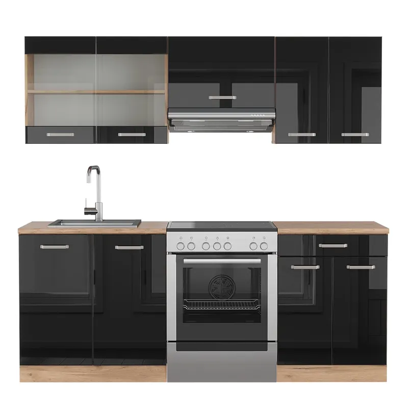 Kitchenette R-Line Negru lucios/Stejar Goldkraft 200 cm fara blat Vicco Comandă acum