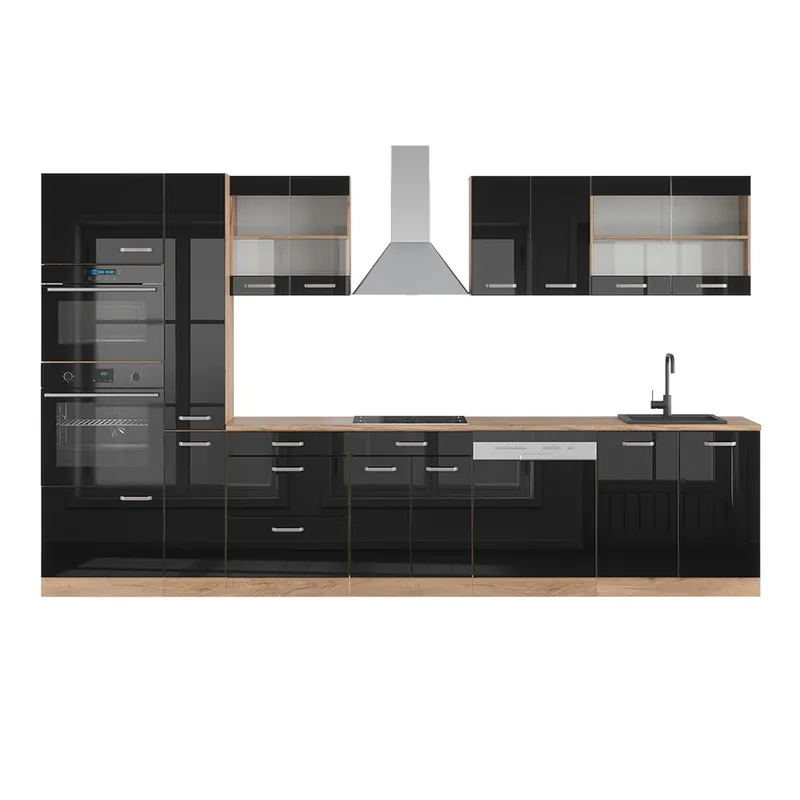 Bestseller Kitchenette R-Line Negru lucios/Stejar Goldkraft 350 cm cu dulap înalt, fără blat Vicco