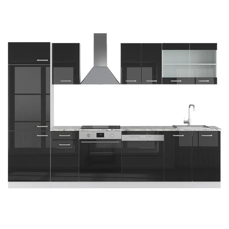 Livrare rapidă Kitchenette R-Line Negru lucios/alb 300 cm fara blat Vicco