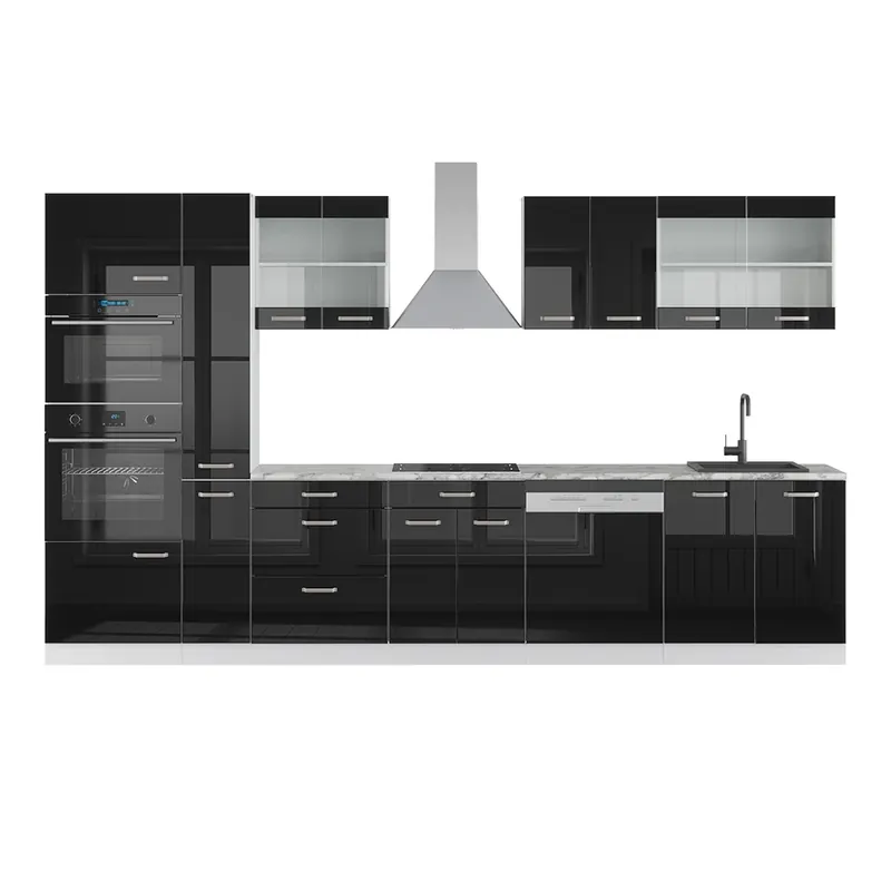 Super ofertă Kitchenette R-Line Negru lucios/alb 350 cm cu dulap înalt, marmură AP Vicco