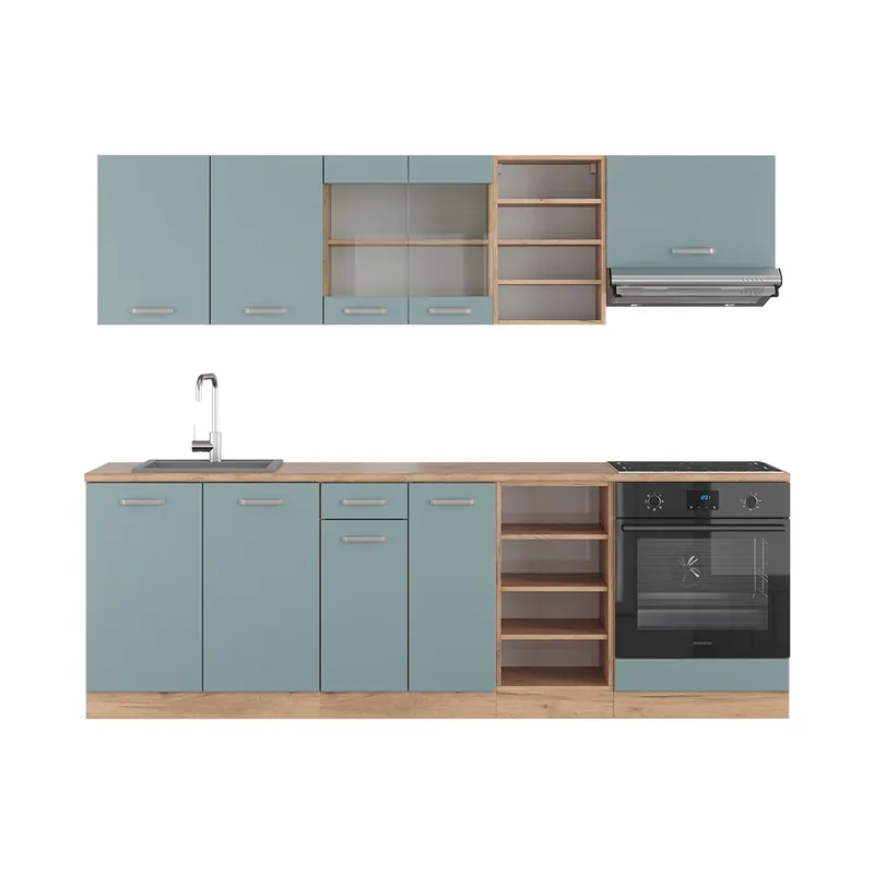 Cumpărături sigure Kitchenette R-Line Stejar albastru-gri/Goldkraft 240 cm fara blat Vicco