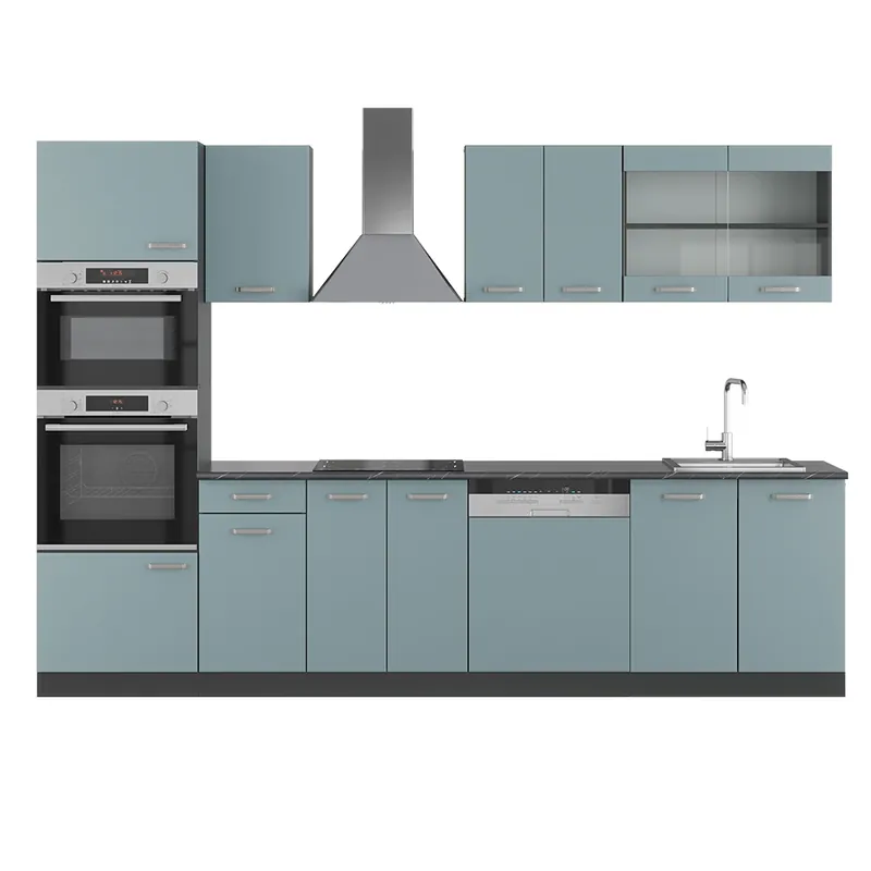Ofertă exclusivă Kitchenette R-Line Albastru-gri/antracit 300 cm cu dulap înalt, fără blat Vicco