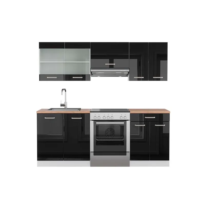 Kitchenette R-Line Negru lucios/alb 200 cm , AP Stejar Vicco Chilipir