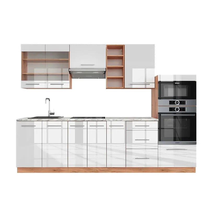 Kitchenette Fame-Line Alb lucios/stejar Goldkraft 280 cm , AP Marmură Vicco Popular