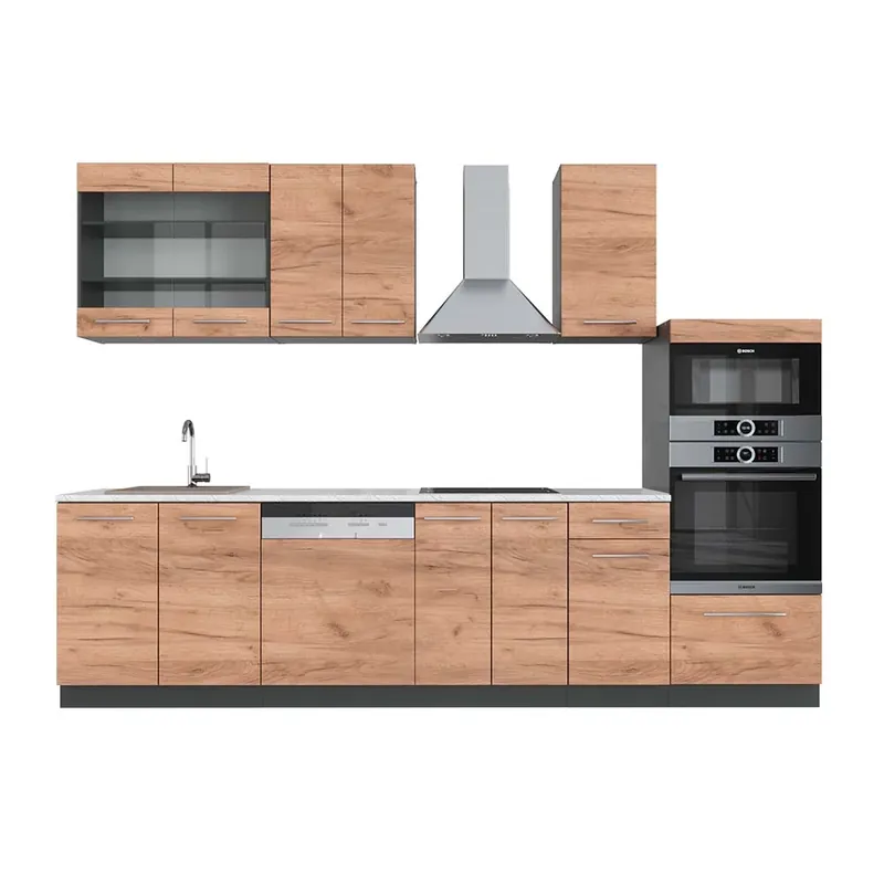 Cumpără online Kitchenette Fame-Line Stejar Goldkraft/antracit 300 cm cu dulap înalt, marmură AP Vicco