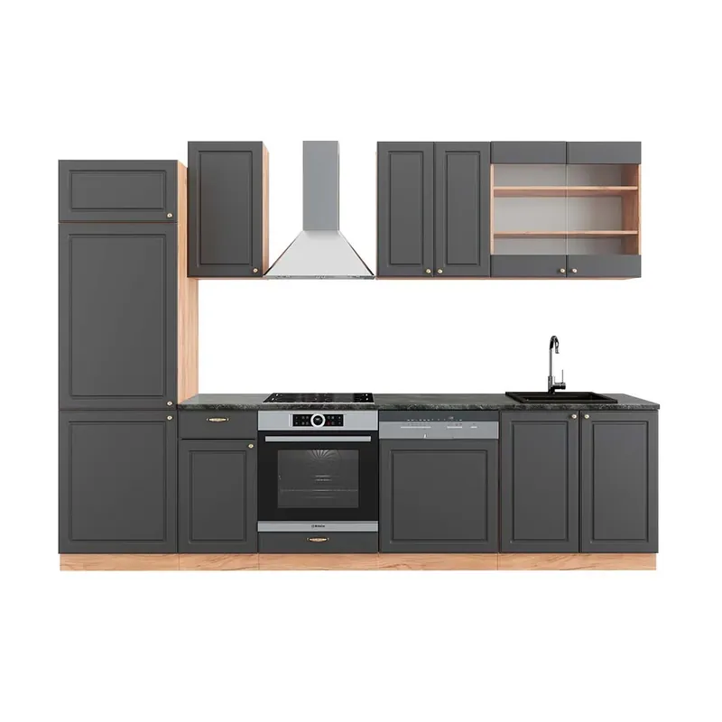 Livrare expres Kitchenette Fame-Line Casă de țară antracit/stejar Goldkraft 300 cm , AP Antracit Vicco