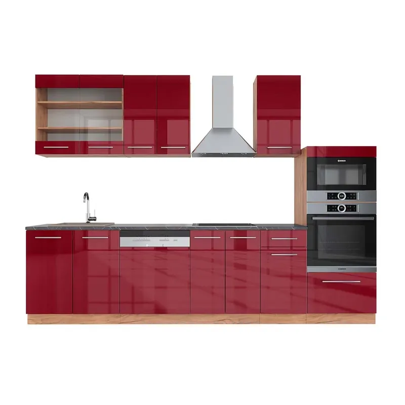 Livrare expres Kitchenette Fame-Line Bordeaux lucios/stejar Goldkraft 300 cm cu dulap înalt, AP antracit Vicco