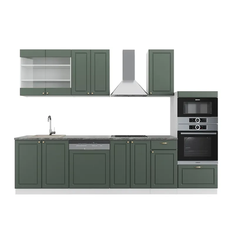 Retur gratuit Kitchenette Fame-Line Casă de țară verde-aurie/alb 300 cm cu dulap înalt, AP antracit Vicco