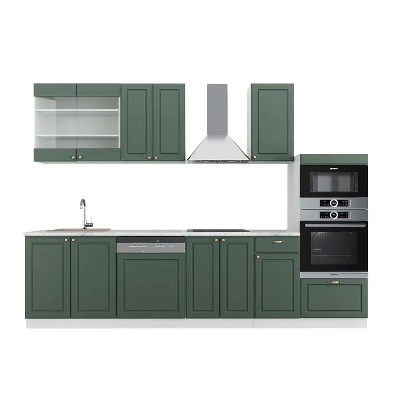 Disponibil imediat Kitchenette Fame-Line Casă de țară verde-aurie/alb 300 cm cu dulap înalt, marmură AP Vicco