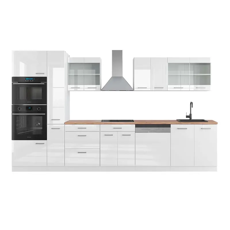 Kitchenette R-Line Alb lucios/alb 350 cm cu dulap înalt, stejar AP Vicco Cel mai vândut