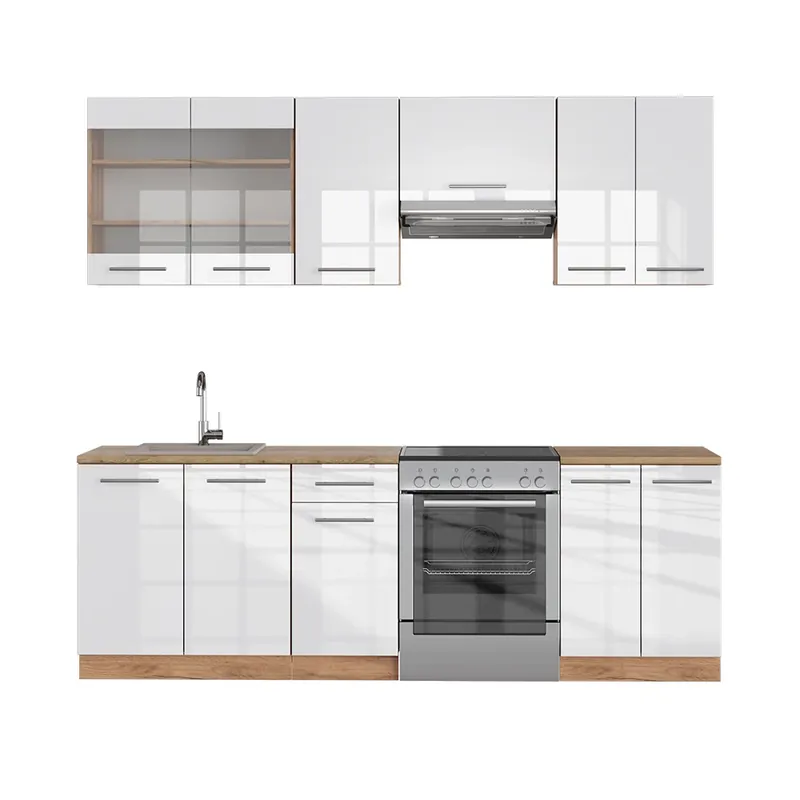 Kitchenette Fame-Line Alb lucios/stejar Goldkraft 240 cm , AP Stejar Vicco Reducere