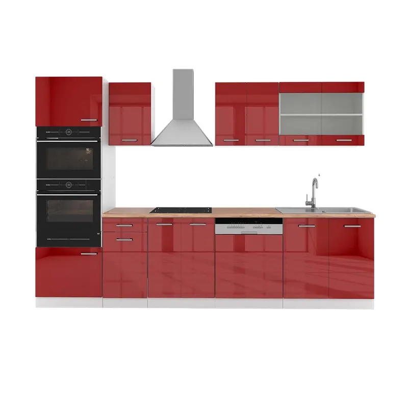 Kitchenette R-Line Roșu/alb lucios 300 cm cu dulap înalt, stejar AP Vicco Chilipir