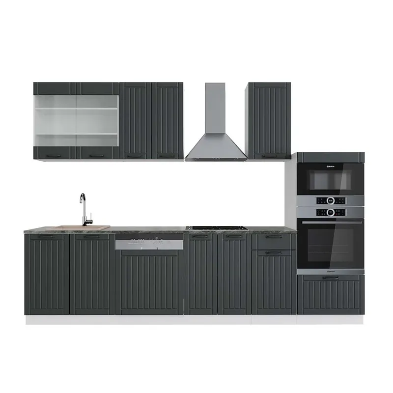 Promoție Kitchenette Fame-Line Casă de țară antracit/alb 300 cm cu dulap înalt, AP antracit Vicco