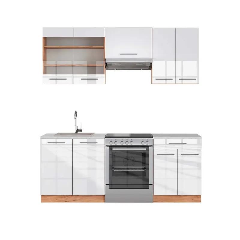 Discount Kitchenette Fame-Line Alb lucios/stejar Goldkraft 200 cm , AP Marmură Vicco
