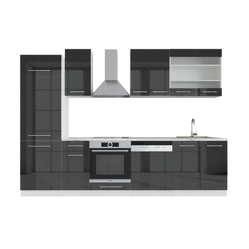 Expediere rapidă Kitchenette Fame-Line Antracit lucios/alb 300 cm , AP Marmură Vicco