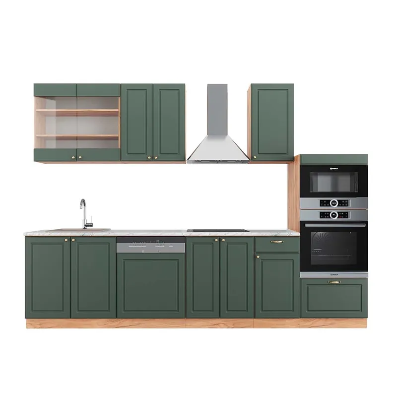 Kitchenette Fame-Line Casă de țară verde-aurie/stejar Goldkraft 300 cm cu dulap înalt, marmură AP Vicco Reducere