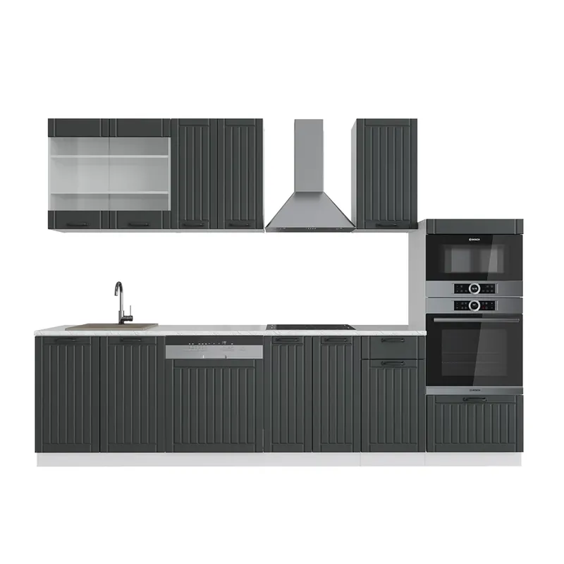 Livrare expres Kitchenette Fame-Line Casă de țară antracit/alb 300 cm cu dulap înalt, marmură AP Vicco