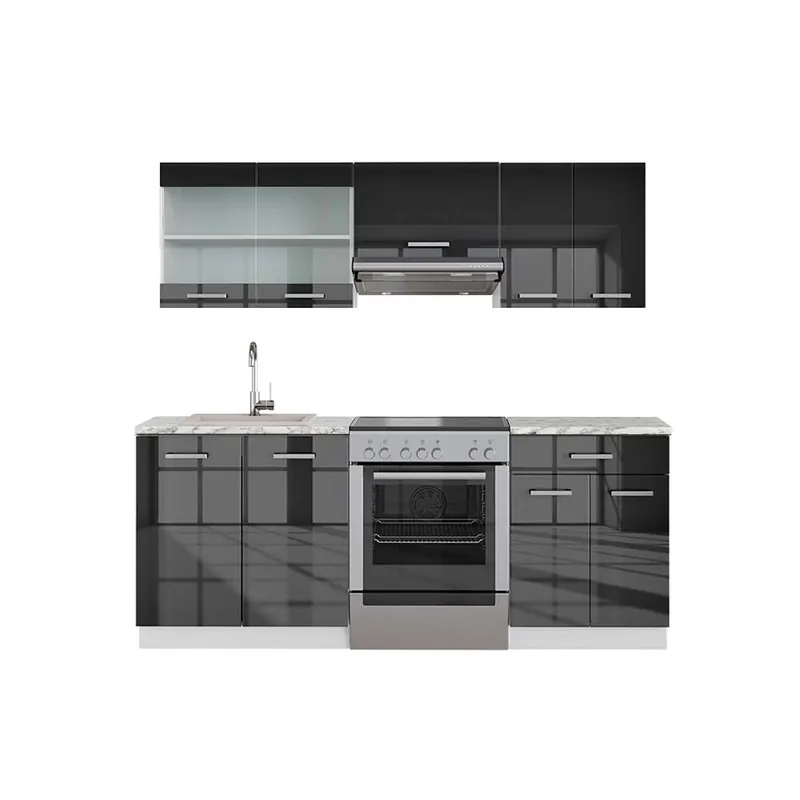 Reducere Kitchenette Fame-Line Antracit lucios/alb 200 cm , AP Marmură Vicco