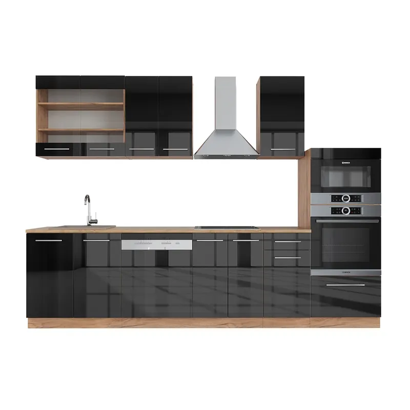 Kitchenette Fame-Line Antracit lucios/stejar Goldkraft 300 cm cu dulap înalt, stejar AP Vicco Plată sigură