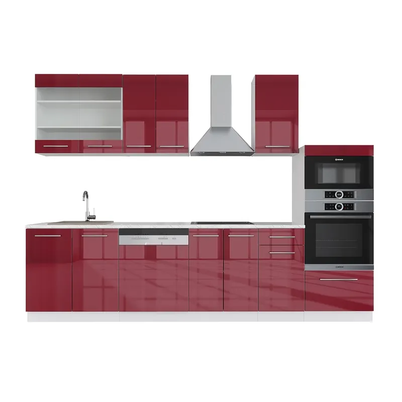 Kitchenette Fame-Line Bordeaux lucios/alb 300 cm cu dulap înalt, marmură AP Vicco Reducere