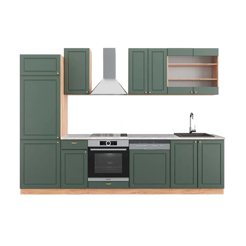 Doar azi Kitchenette Fame-Line Casă de țară verde-aurie/stejar Goldkraft 300 cm , AP Marmură Vicco