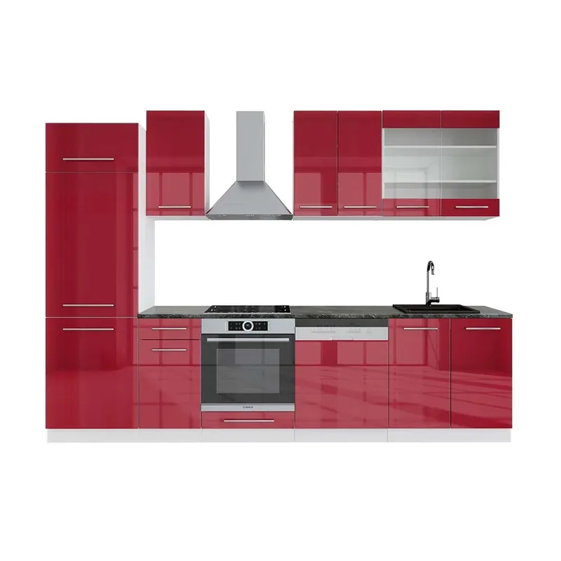 Reducere extra Kitchenette Fame-Line Bordeaux lucios/alb 300 cm , AP Antracit Vicco