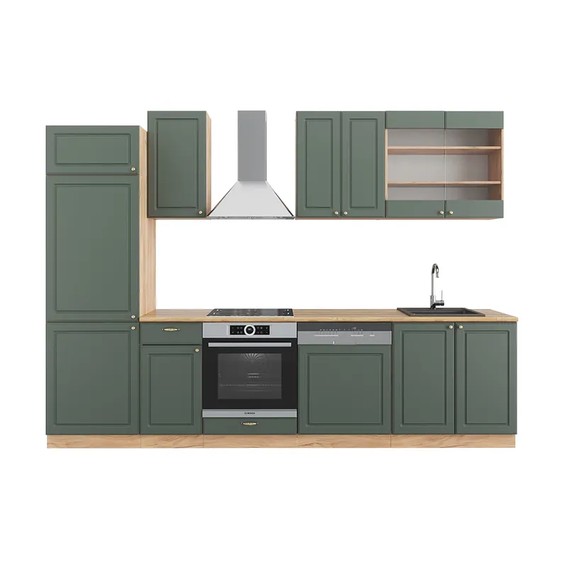 Reducere specială Kitchenette Fame-Line Casă de țară verde-aurie/stejar Goldkraft 300 cm , AP Stejar Vicco