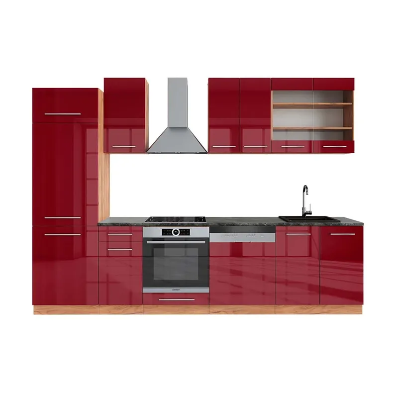 Ofertă exclusivă Kitchenette Fame-Line Bordeaux lucios/stejar Goldkraft 300 cm , AP Antracit Vicco