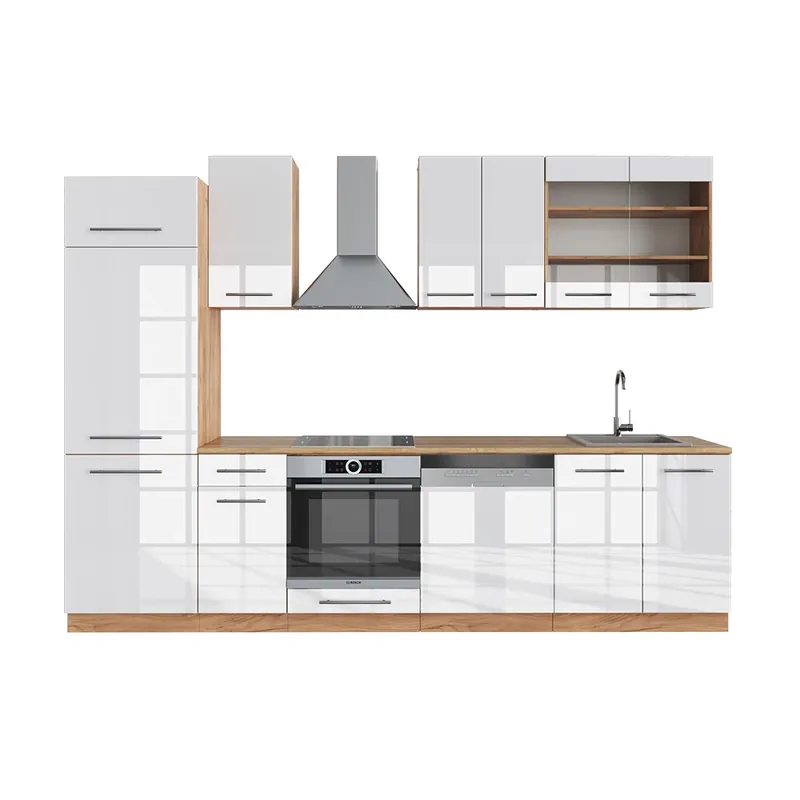 Kitchenette Fame-Line Alb lucios/stejar Goldkraft 300 cm , AP Stejar Vicco Reducere extra
