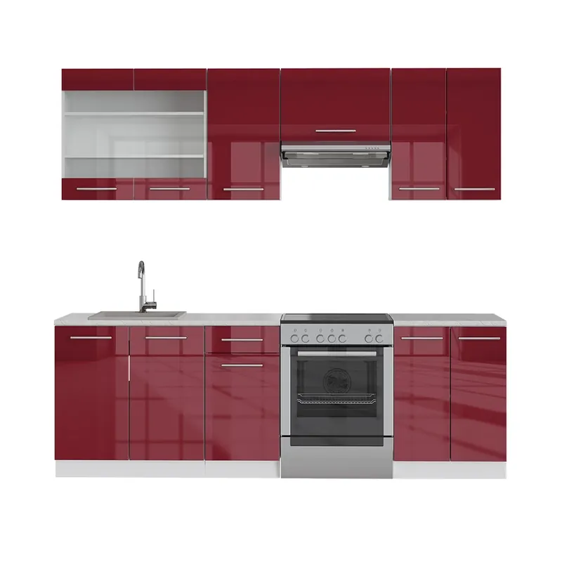 Calitate înaltă Kitchenette Fame-Line Bordeaux lucios/alb 240 cm , AP Marmură Vicco
