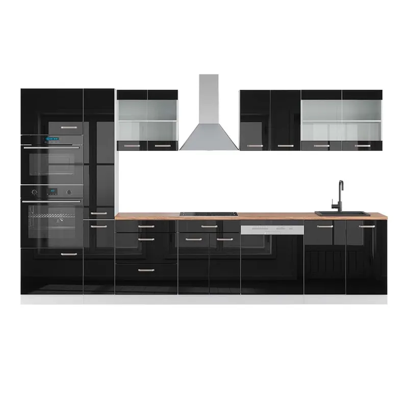 Cumpărături sigure Kitchenette R-Line Negru lucios/alb 350 cm cu dulap înalt, stejar AP Vicco