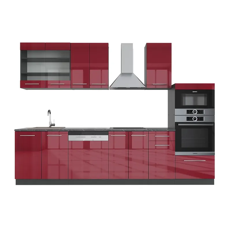 Kitchenette Fame-Line Bordeaux lucios/antracit 300 cm cu dulap înalt, AP antracit Vicco Cel mai vândut