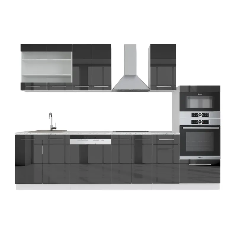 Kitchenette Fame-Line Antracit lucios/alb 300 cm cu dulap înalt, marmură AP Vicco Preț promoțional
