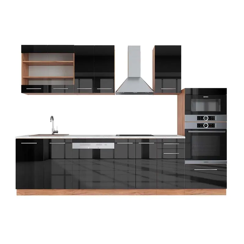 Plată securizată Kitchenette Fame-Line Antracit lucios/stejar Goldkraft 300 cm cu dulap înalt, marmură AP Vicco