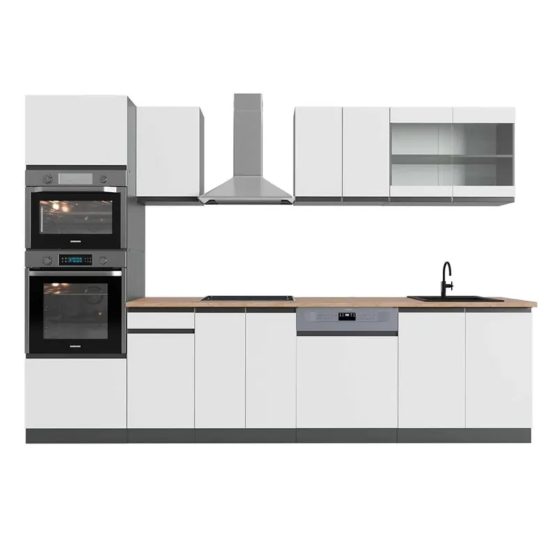 Plată sigură Kitchenette R-Line Alb/antracit 300 cm cu dulap înalt, stejar AP Vicco