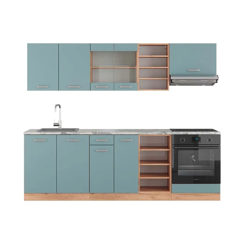 Ofertă specială Kitchenette R-Line Stejar albastru-gri/Goldkraft 240 cm , AP Marmură Vicco