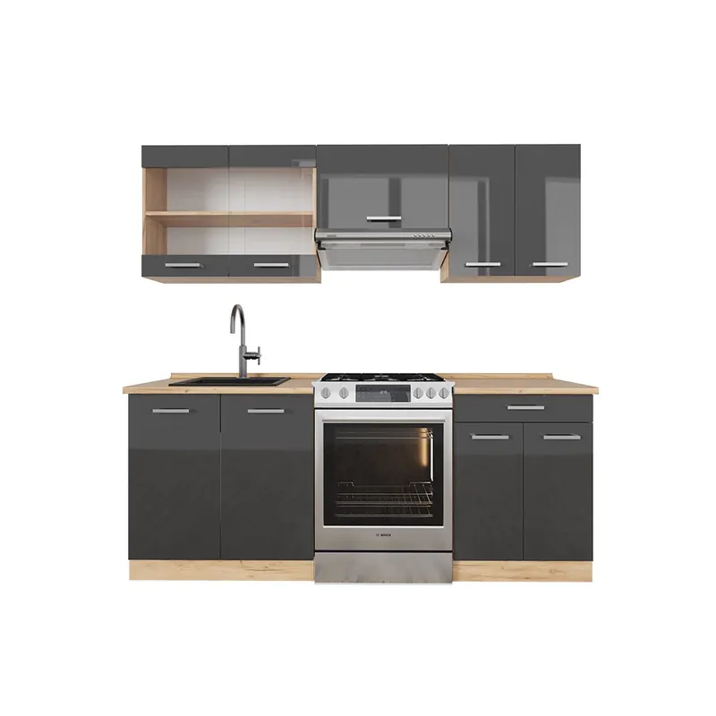 Bestseller Kitchenette R-Line Antracit lucios/stejar Goldkraft 200 cm , AP Stejar Vicco
