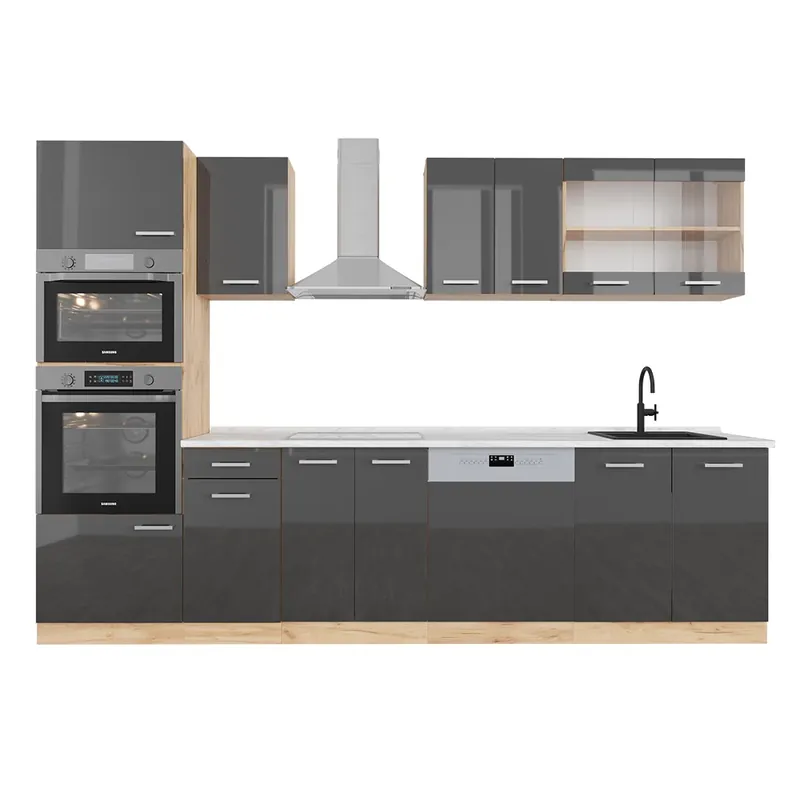 Livrare rapidă Kitchenette R-Line Antracit lucios/stejar Goldkraft 300 cm cu dulap înalt, marmură AP Vicco