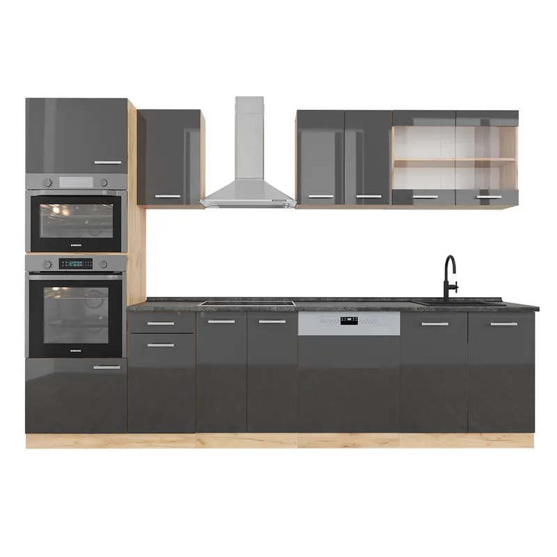 Kitchenette R-Line Antracit lucios/stejar Goldkraft 300 cm cu dulap înalt, AP antracit Vicco Preferatul clienților