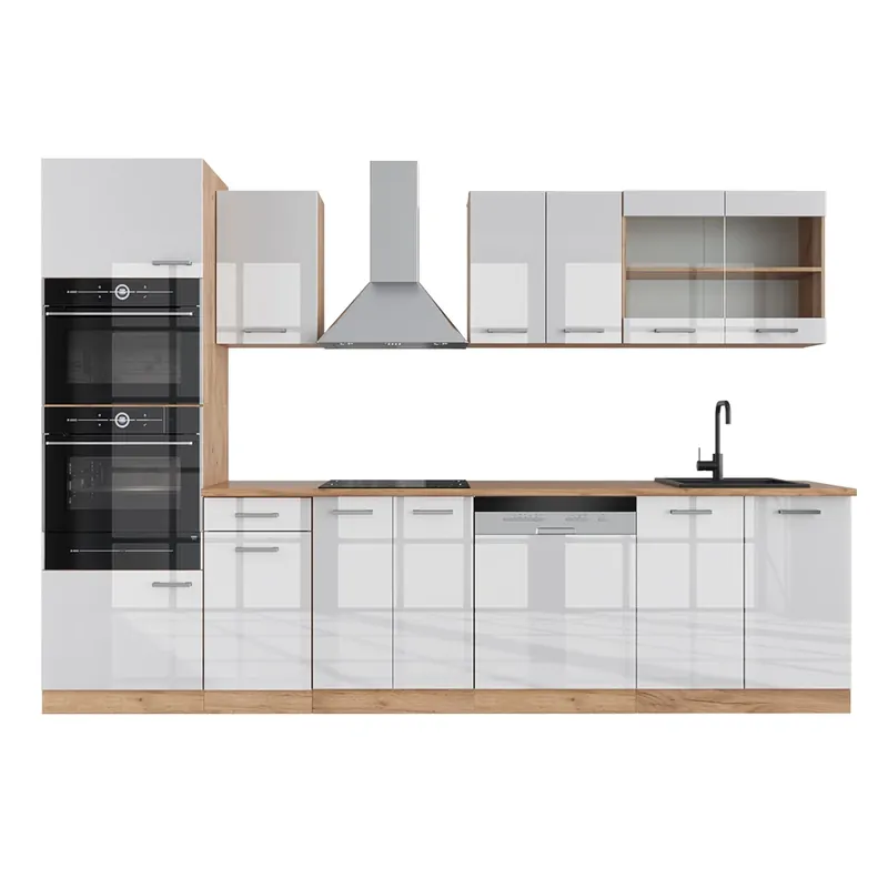 Preț mic Kitchenette R-Line Alb lucios/stejar Goldkraft 300 cm cu dulap înalt, stejar AP Vicco