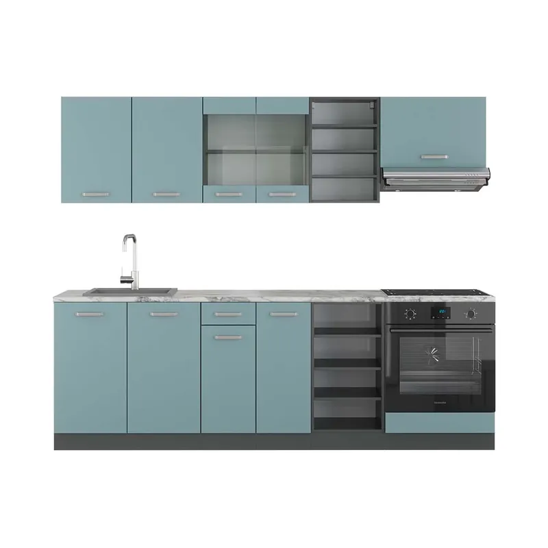 Retur ușor Kitchenette R-Line Albastru-gri/antracit 240 cm , AP Marmură Vicco