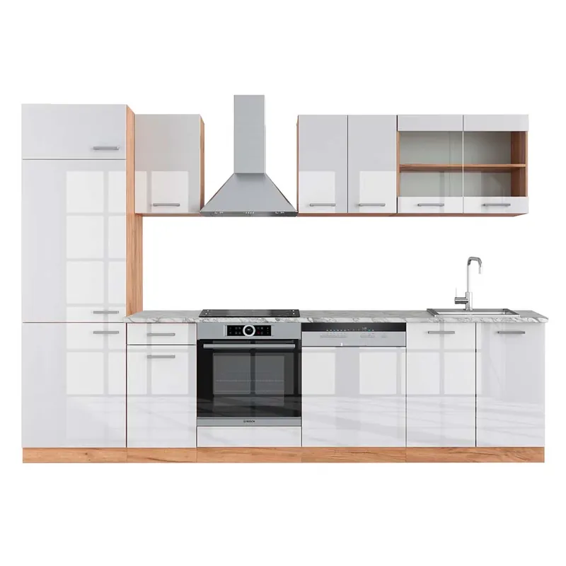 Kitchenette R-Line Alb lucios/stejar Goldkraft 300 cm , AP Marmură Vicco Retur gratuit