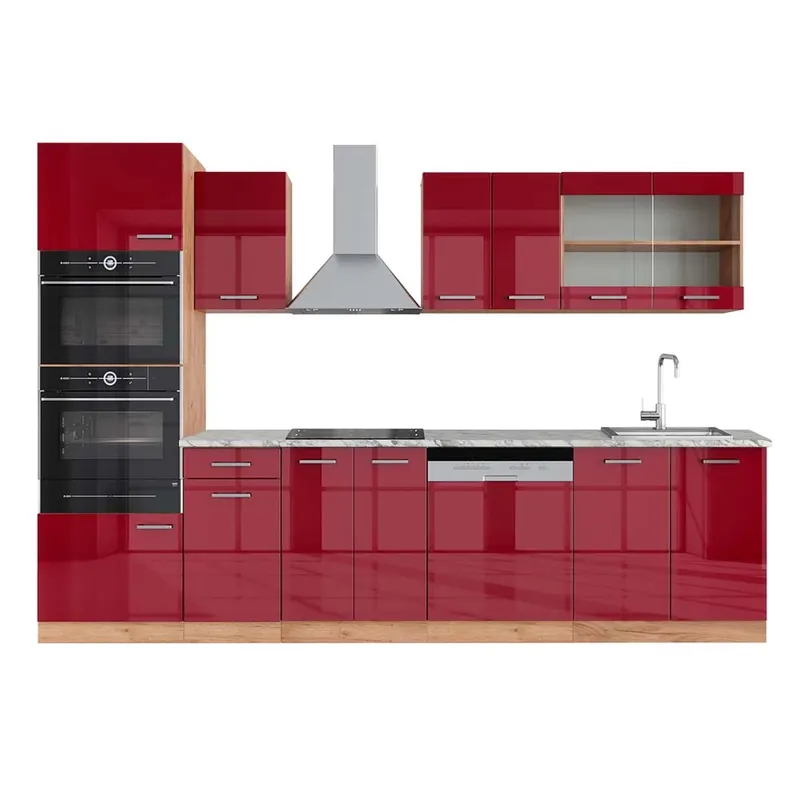Kitchenette R-Line Stejar roșu/golden lucios 300 cm cu dulap înalt, marmură AP Vicco Preț mic