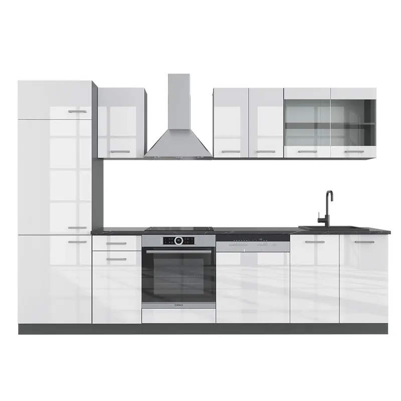 Retur ușor Kitchenette R-Line Alb lucios/antracit 300 cm , AP Antracit Vicco